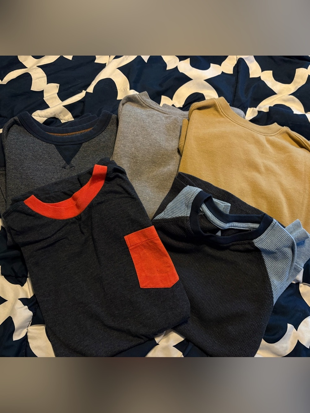 Bundle of neutral, super soft Boys tops: sweatshirts, thermal, tshirt